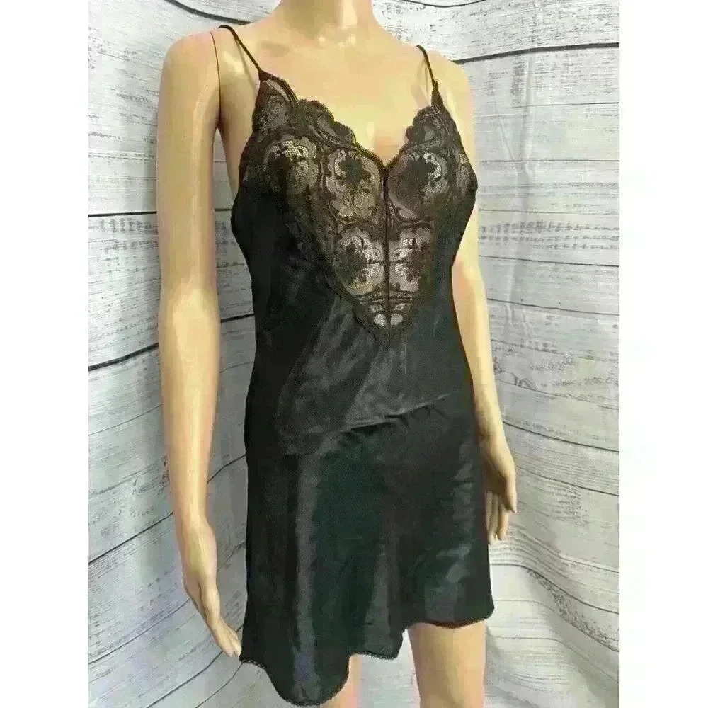 Vintage Sedu Lingerie Black Slip‎ Dress USA Made Night Gown Lace Silky S 90s EUC